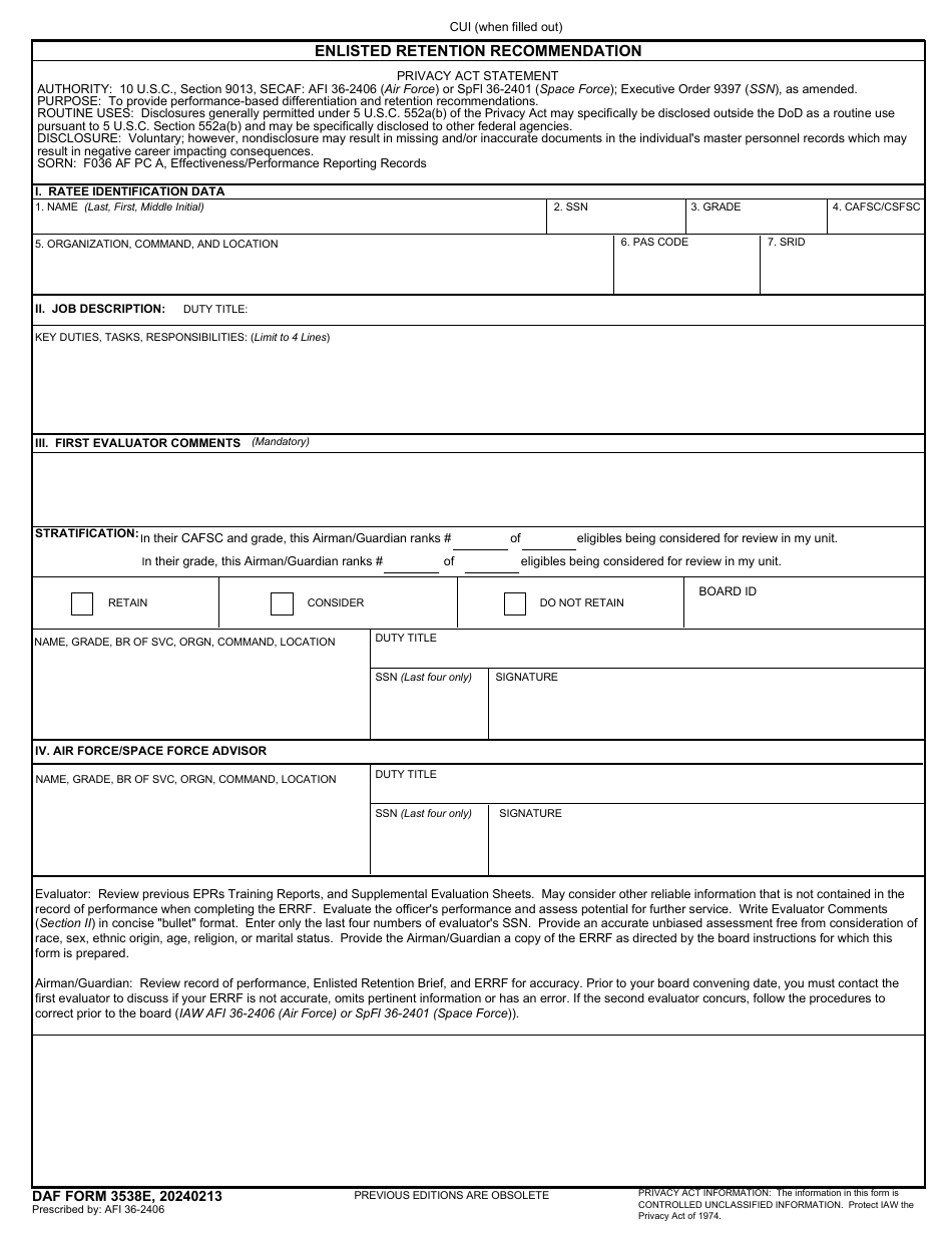 DAF Form 3538E Enlisted Retention Recommendation, Page 1