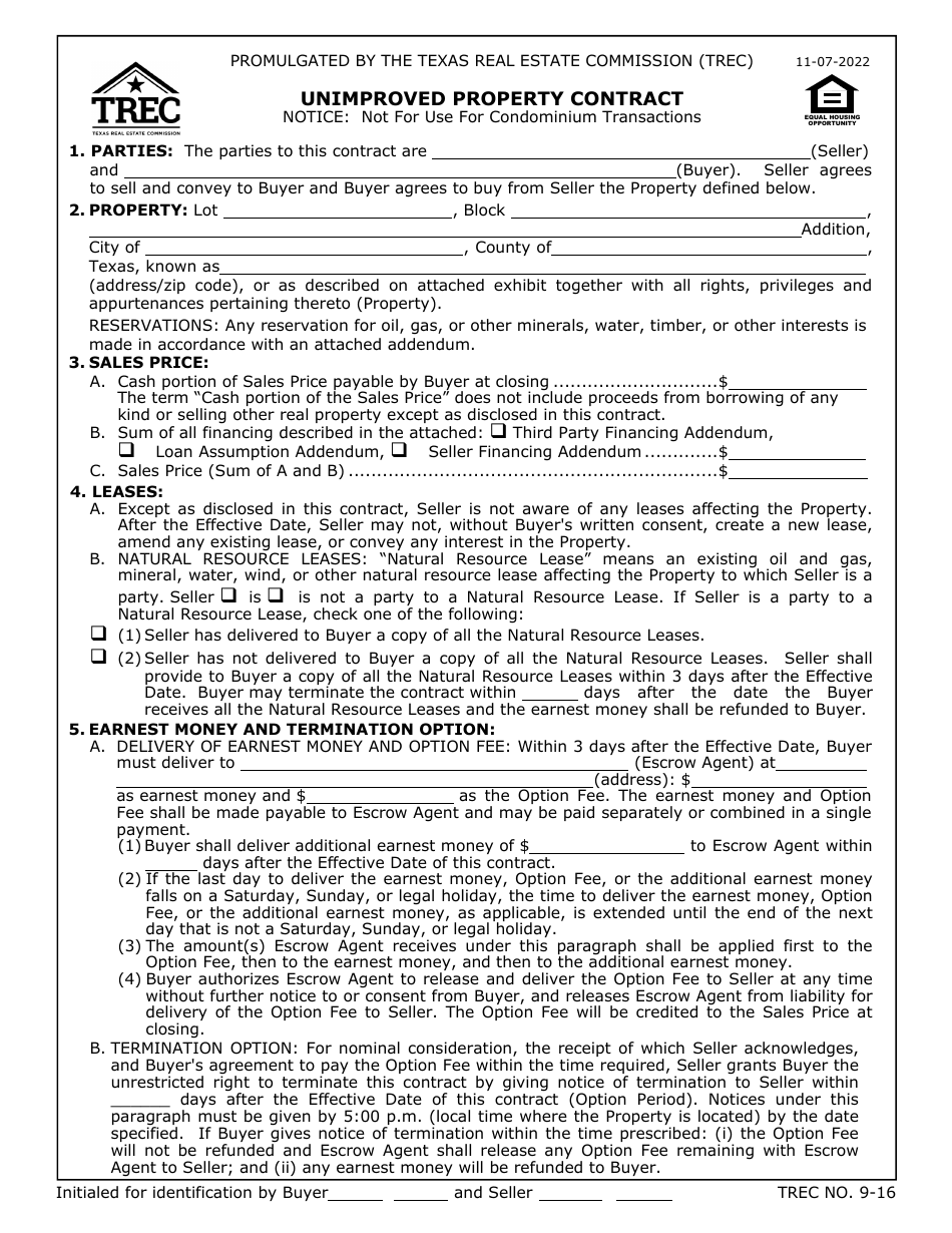 TREC Form 9-16 Unimproved Property Contract - Texas, Page 1