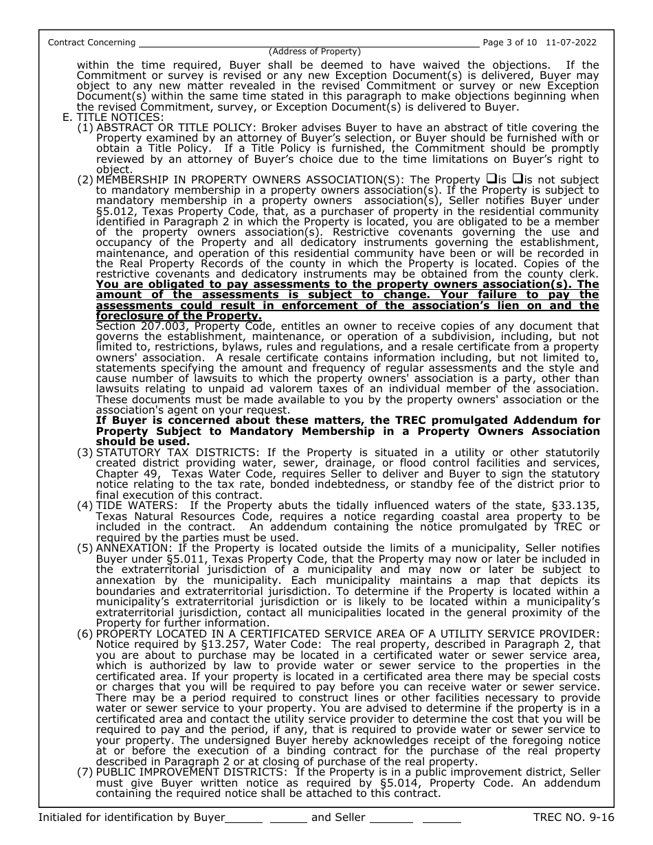 TREC Form 9-16 Unimproved Property Contract - Texas, Page 3