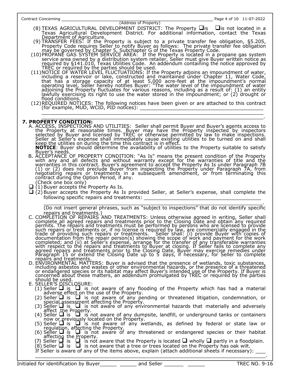 TREC Form 9-16 Unimproved Property Contract - Texas, Page 4
