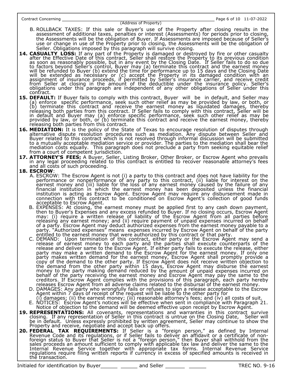 TREC Form 9-16 Unimproved Property Contract - Texas, Page 6