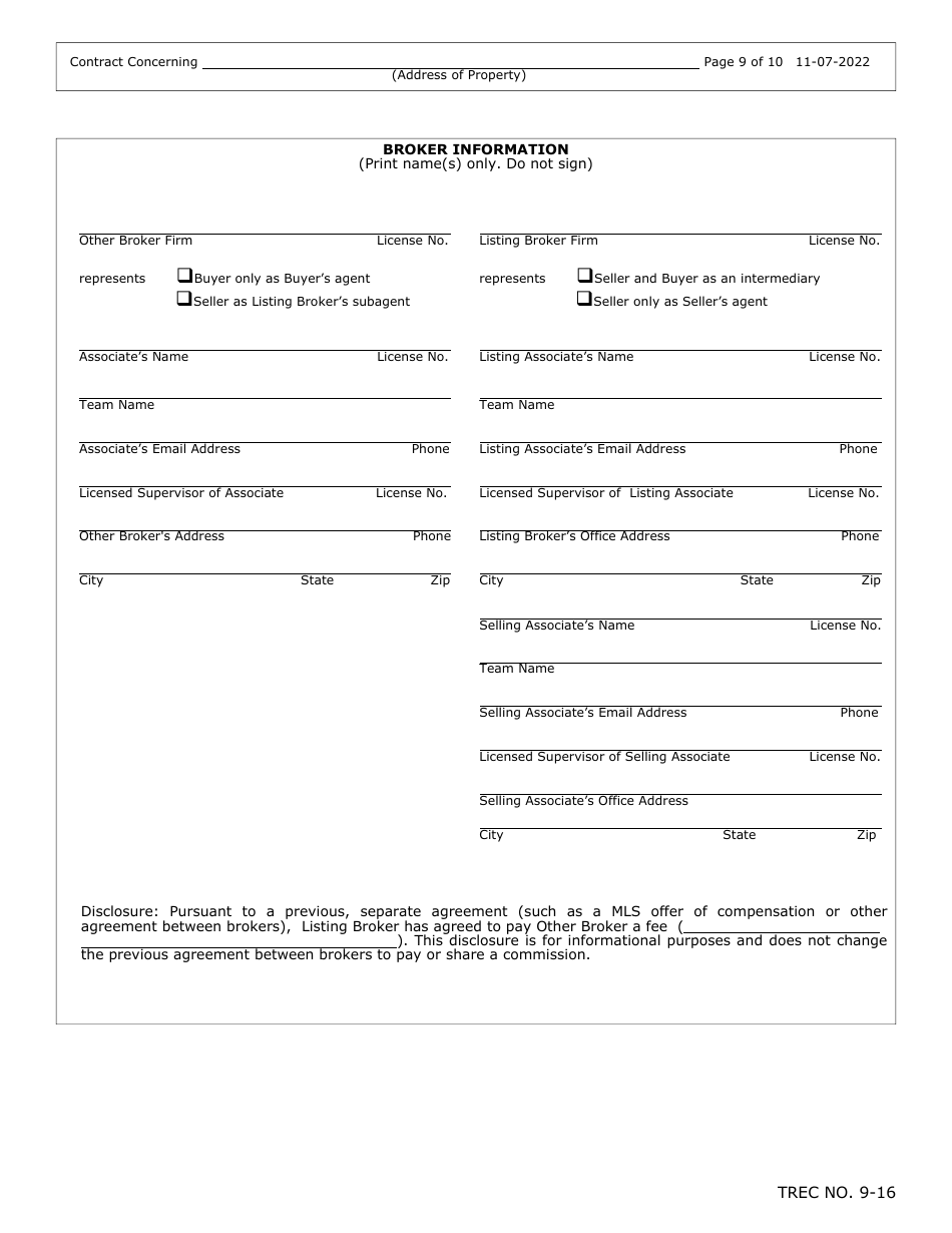 TREC Form 9-16 Unimproved Property Contract - Texas, Page 9