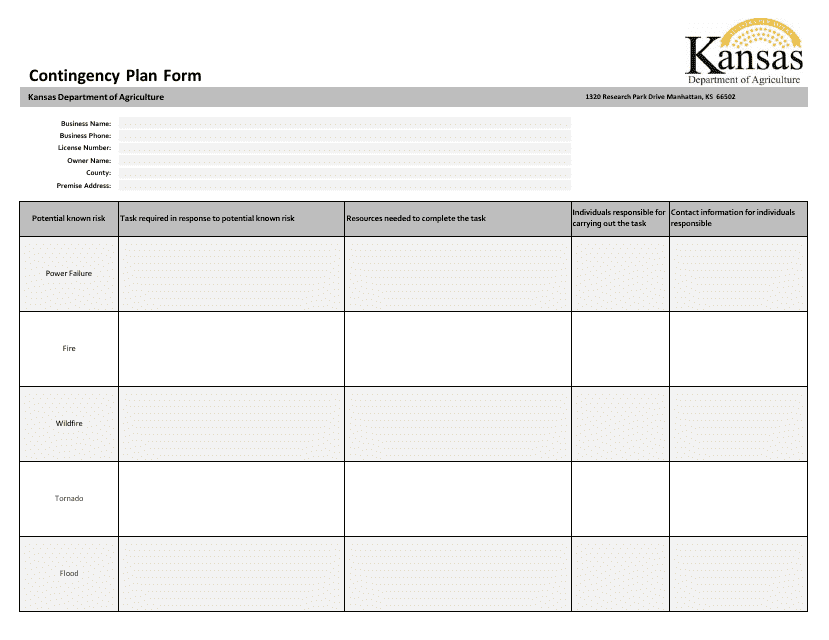 Contingency Plan Form - Kansas Download Pdf