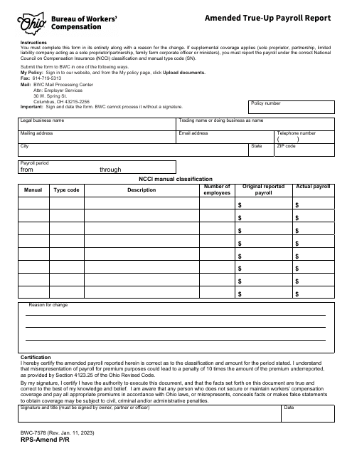 Form RPS-AMEND P/R (BWC-7578) Amended True-Up Payroll Report - Ohio
