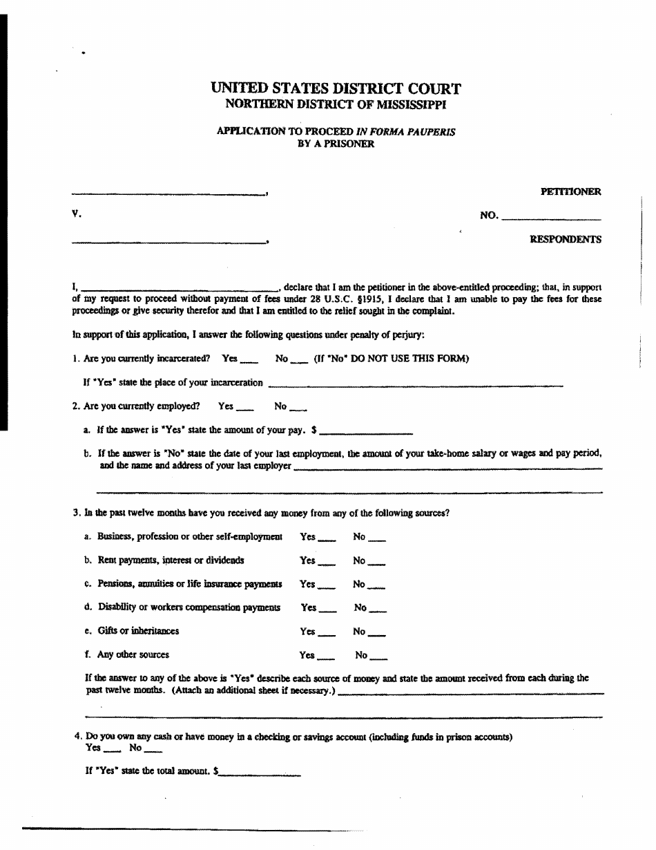 Mississippi Application to Proceed in Forma Pauperis by a Prisoner ...