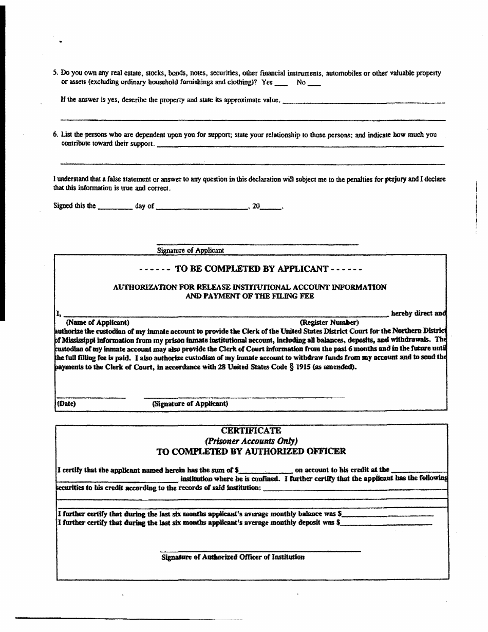 Mississippi Application to Proceed in Forma Pauperis by a Prisoner ...