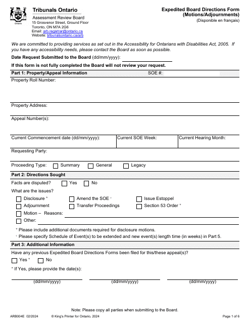Form ARB004E Expedited Board Directions Form (Motions/Adjournment) - Ontario, Canada