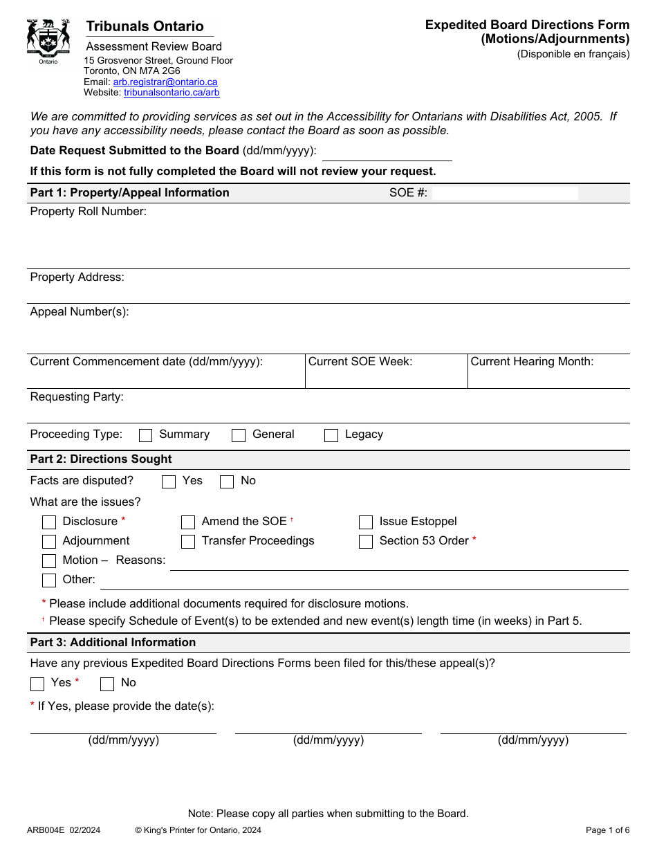 Form ARB004E Expedited Board Directions Form (Motions / Adjournment) - Ontario, Canada, Page 1