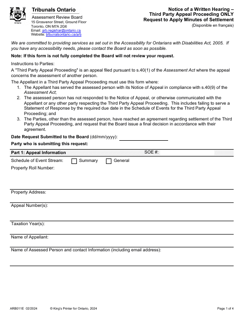 Form ARB011E Notice of a Written Hearing - Third Party Appeal Proceeding Only - Request to Apply Minutes of Settlement - Ontario, Canada