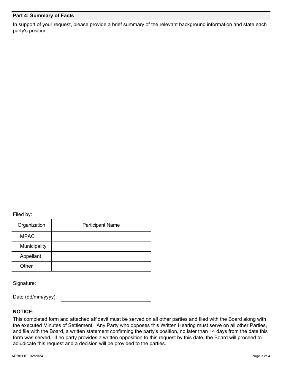 Form ARB011E Notice of a Written Hearing - Third Party Appeal Proceeding Only - Request to Apply Minutes of Settlement - Ontario, Canada, Page 3