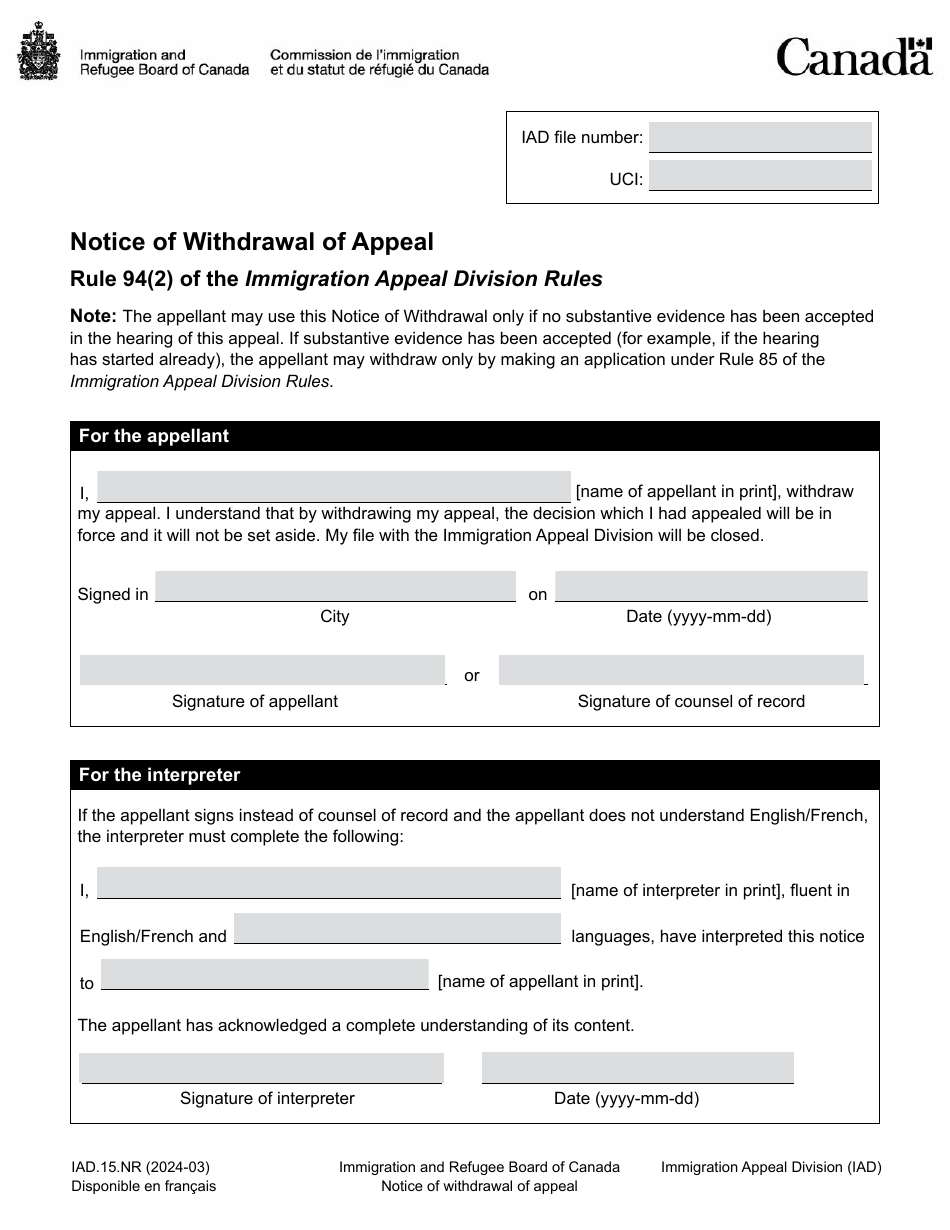 Form IAD.15.NR Notice of Withdrawal of Appeal - Canada, Page 1