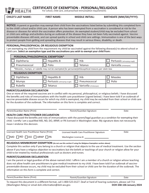 Form DOH348-106 Certificate of Exemption - Personal/Religious - Washington