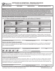 Form DOH348-106 Certificate of Exemption - Personal/Religious - Washington