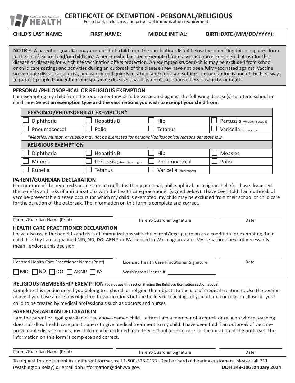 Form DOH348-106 Certificate of Exemption - Personal / Religious - Washington, Page 1