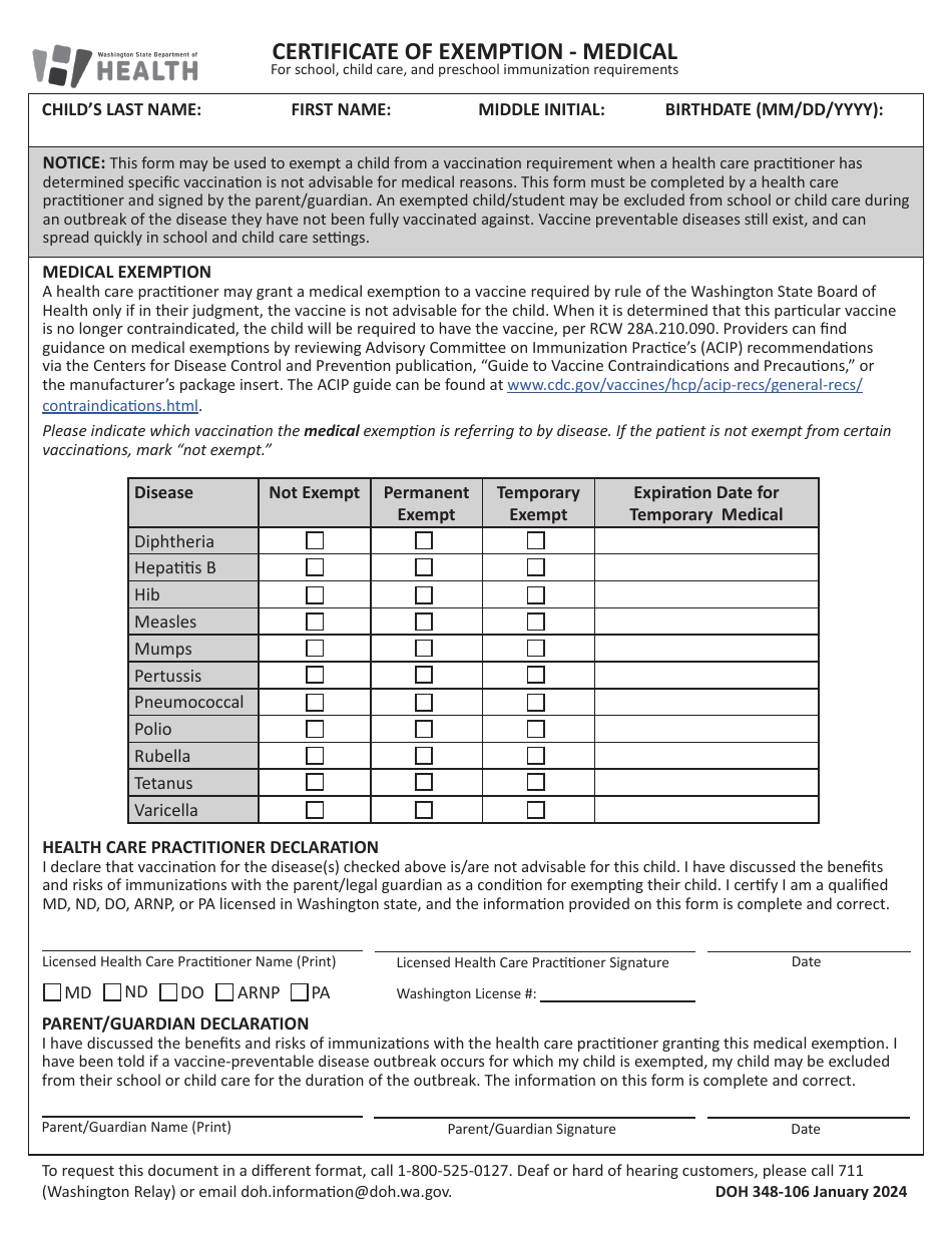 Form DOH348-106 Certificate of Exemption - Personal / Religious - Washington, Page 2