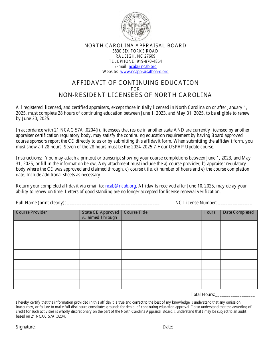Affidavit of Continuing Education for Non-resident Licensees of North Carolina - North Carolina, Page 1