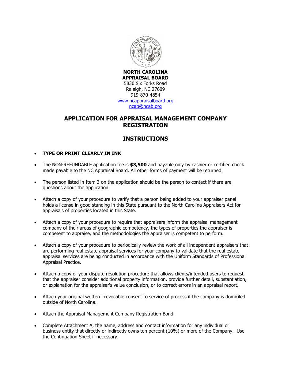 Instructions for Application for Appraisal Management Company Registration - North Carolina, Page 1