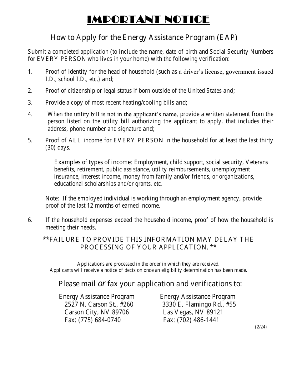 Form 2824-EL Application for Assistance - Energy Assistance Program  Water and Sewer Assistance Program - Nevada, Page 1