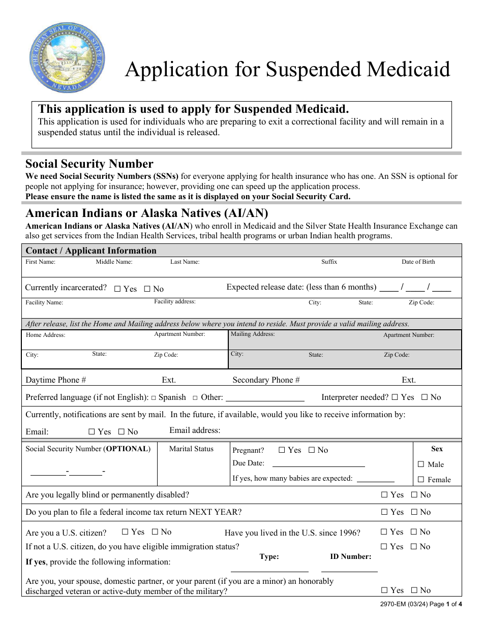 Form 2970-EM Application for Suspended Medicaid - Nevada, Page 1