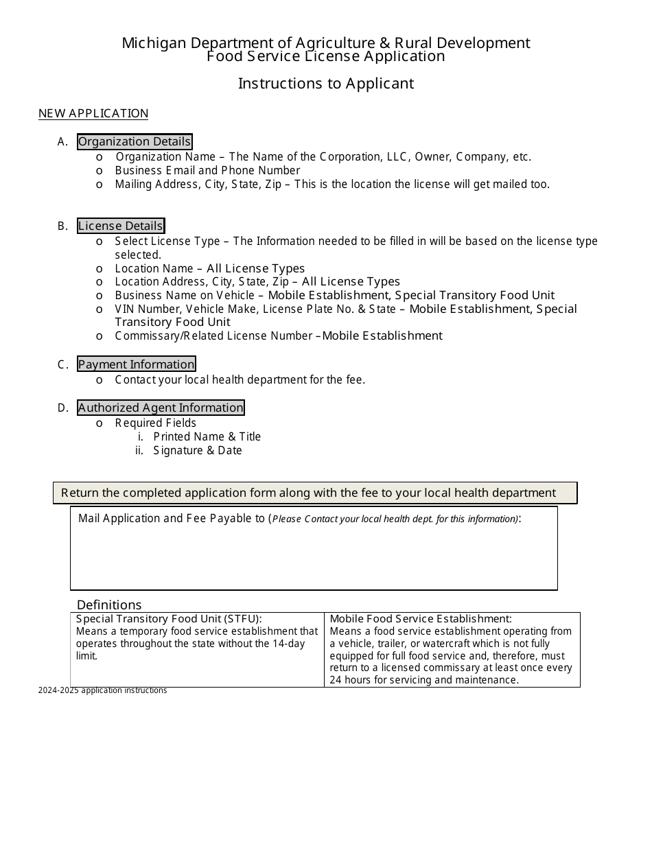 Food Service License Application - Michigan, Page 1