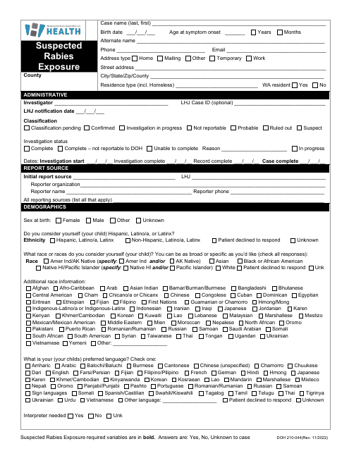 Form DOH210-044 Reporting Form - Suspected Rabies Exposure - Washington
