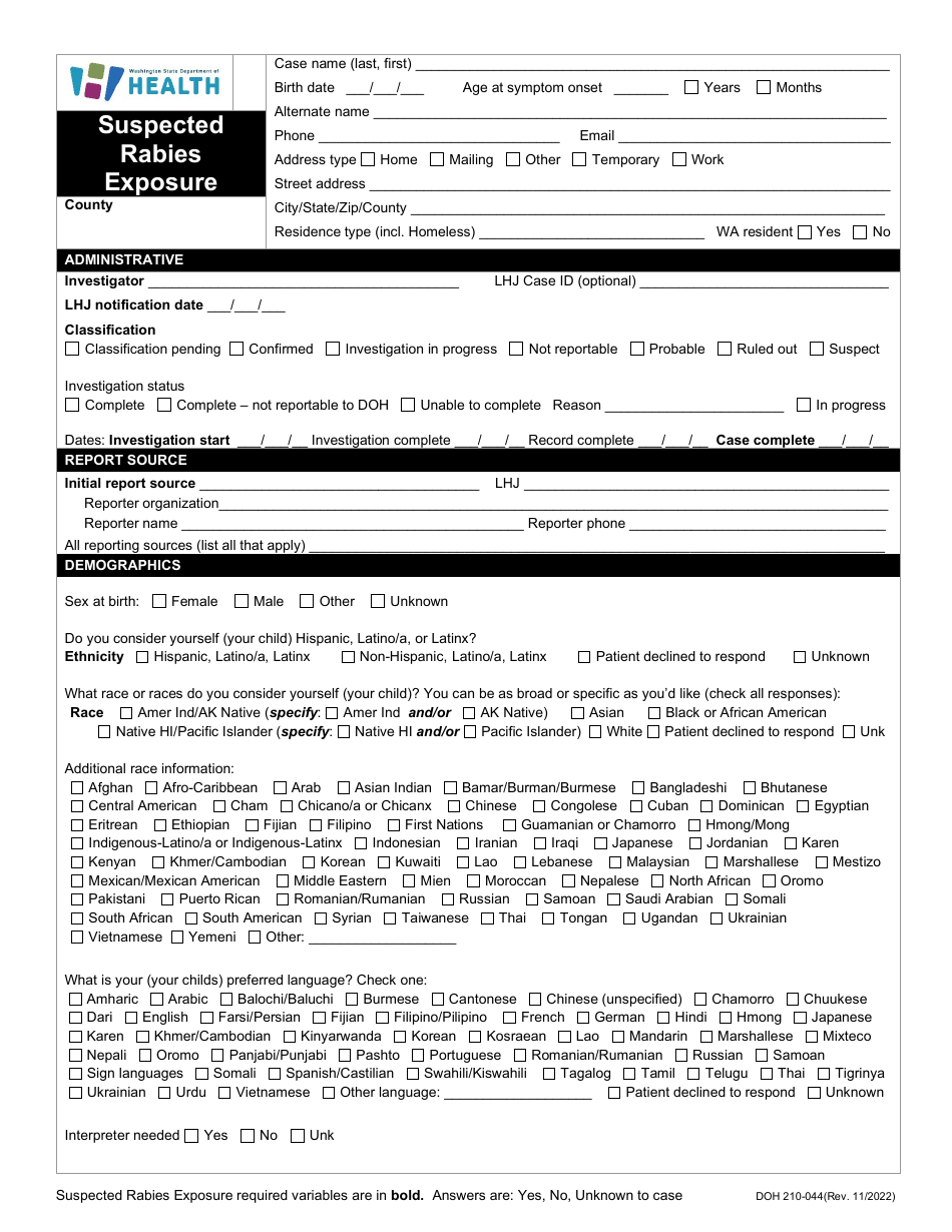 Form DOH210-044 Reporting Form - Suspected Rabies Exposure - Washington, Page 1