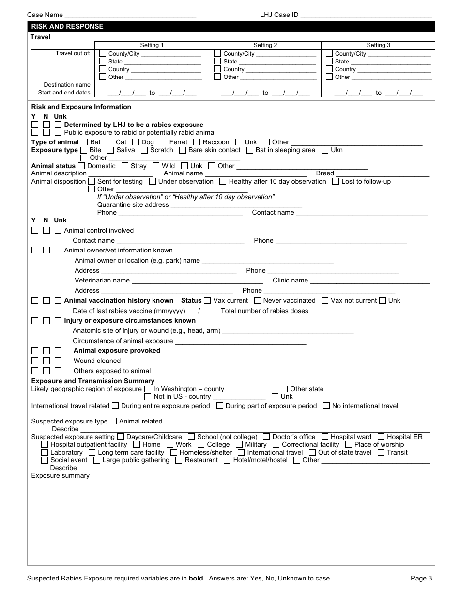 Form DOH210-044 Reporting Form - Suspected Rabies Exposure - Washington, Page 3
