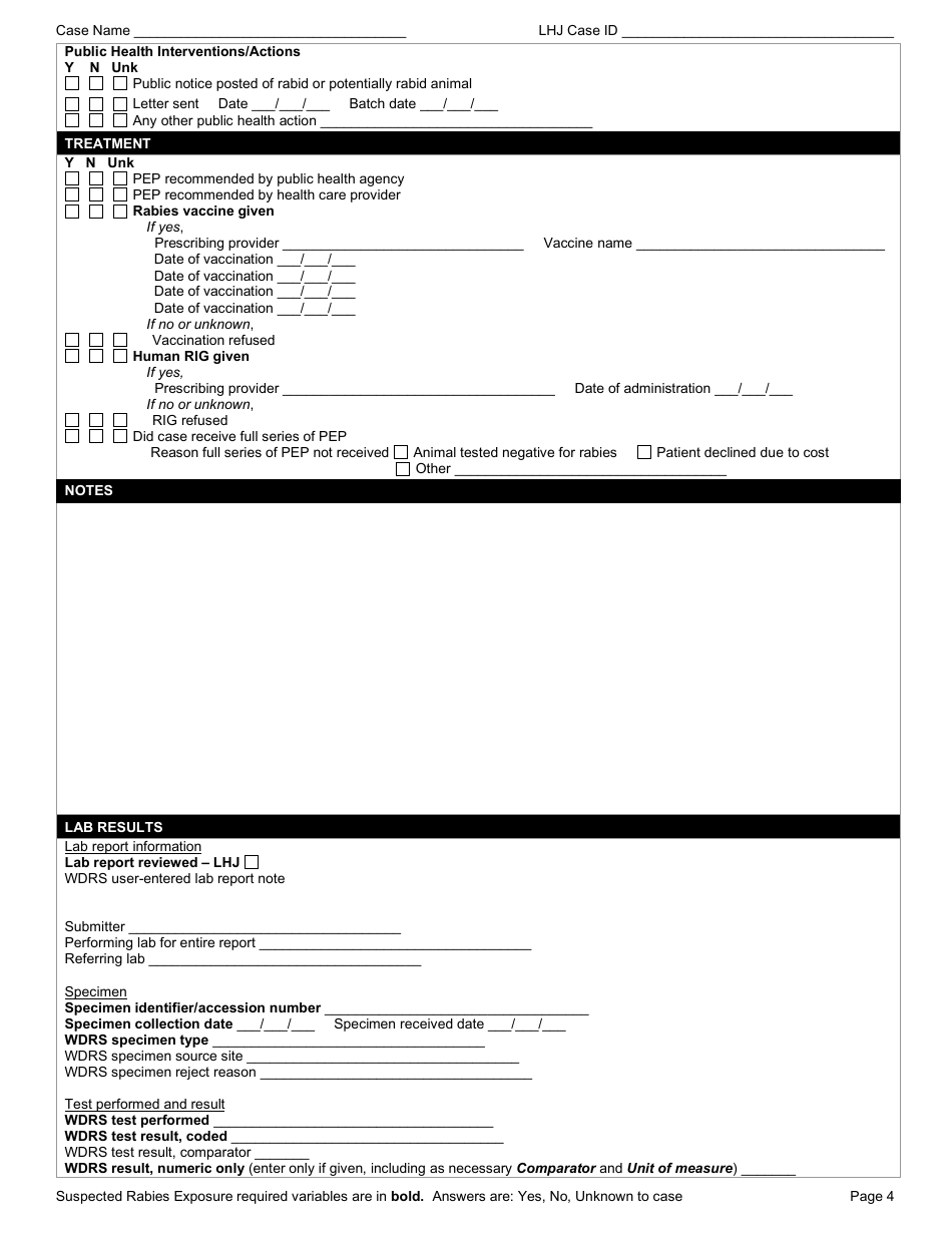 Form DOH210-044 Reporting Form - Suspected Rabies Exposure - Washington, Page 4