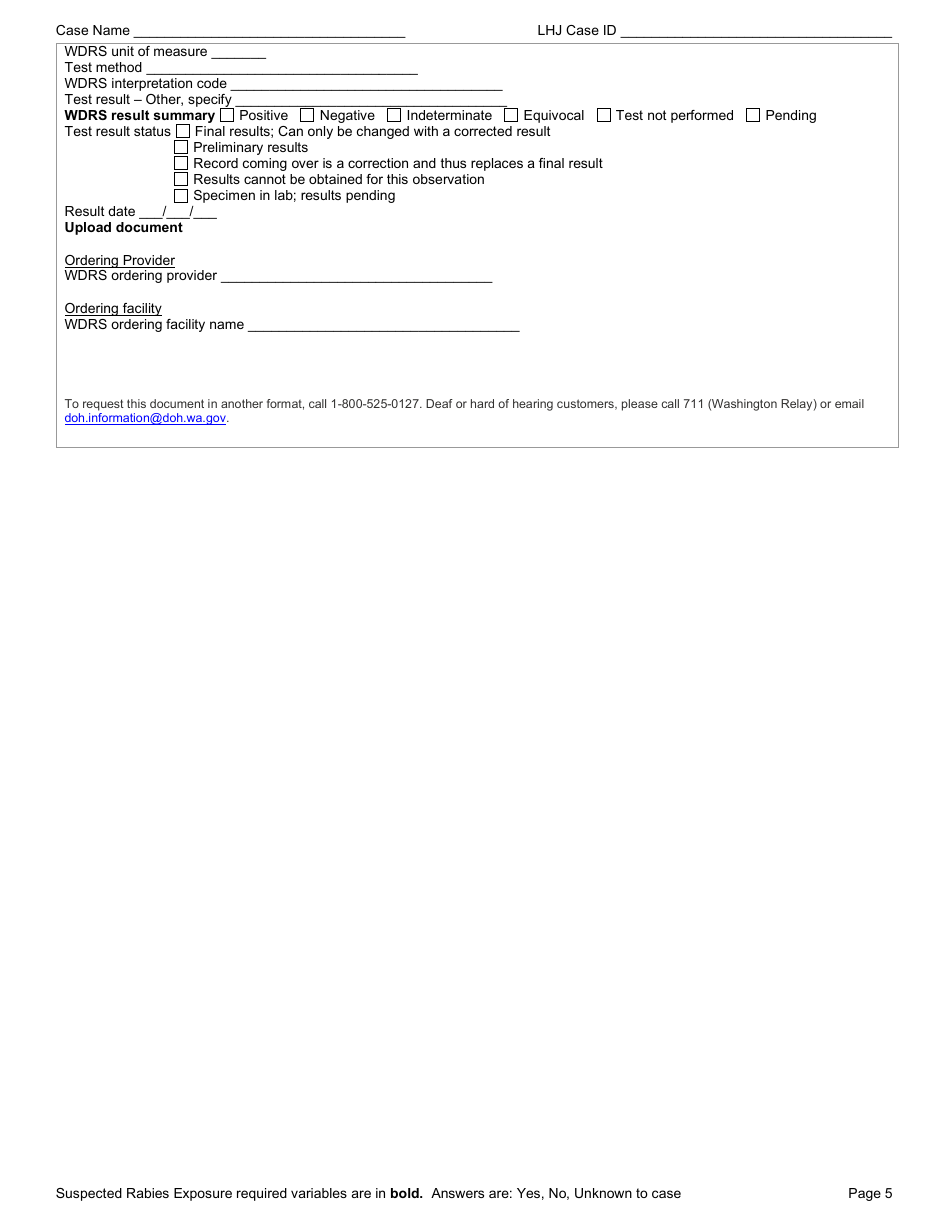 Form DOH210-044 Reporting Form - Suspected Rabies Exposure - Washington, Page 5
