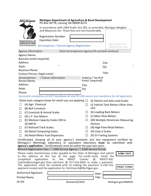 Form LB-182 Serviceperson/Service Agency Registration - Michigan