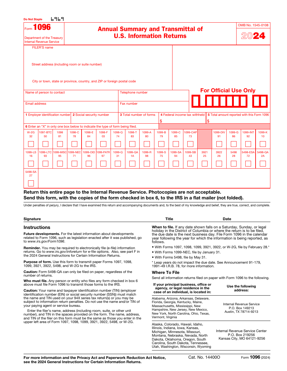 IRS Form 1096 Annual Summary and Transmittal of U.S. Information Returns, Page 2