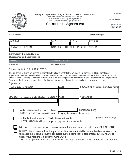 Box Tree Moth Compliance Agreement - Michigan Download Pdf