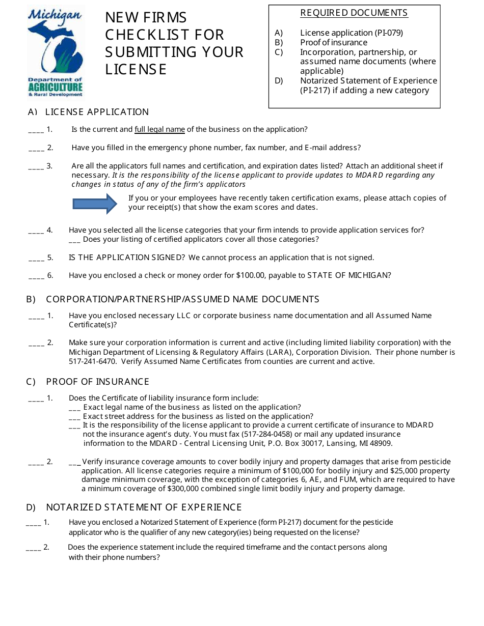 Checklist for Submitting Your Pesticide Applicators Business License (Pabl) Application Form - Michigan, Page 1