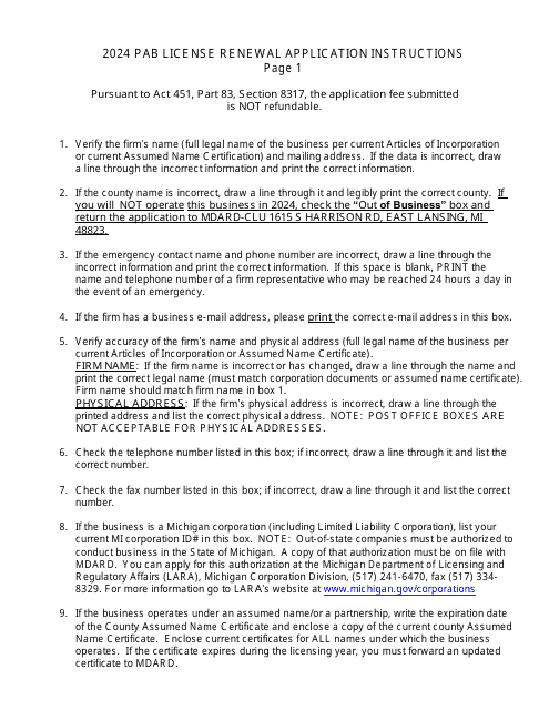 Instructions for Form PI-079C Pesticide Application Business License Renewal - Michigan, 2024
