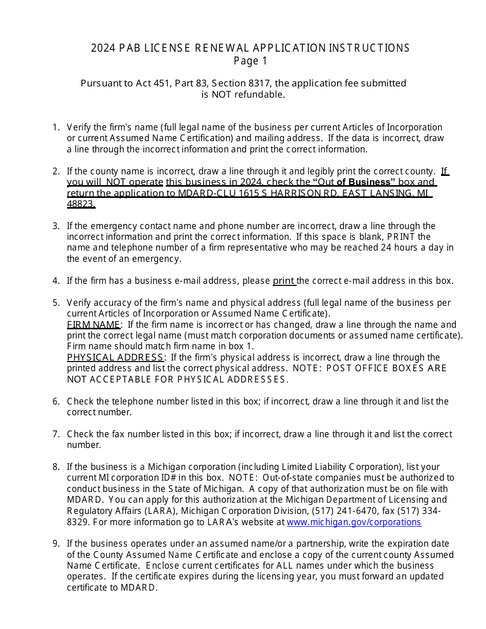 Instructions for Form PI-079C Pesticide Application Business License Renewal - Michigan, Page 1