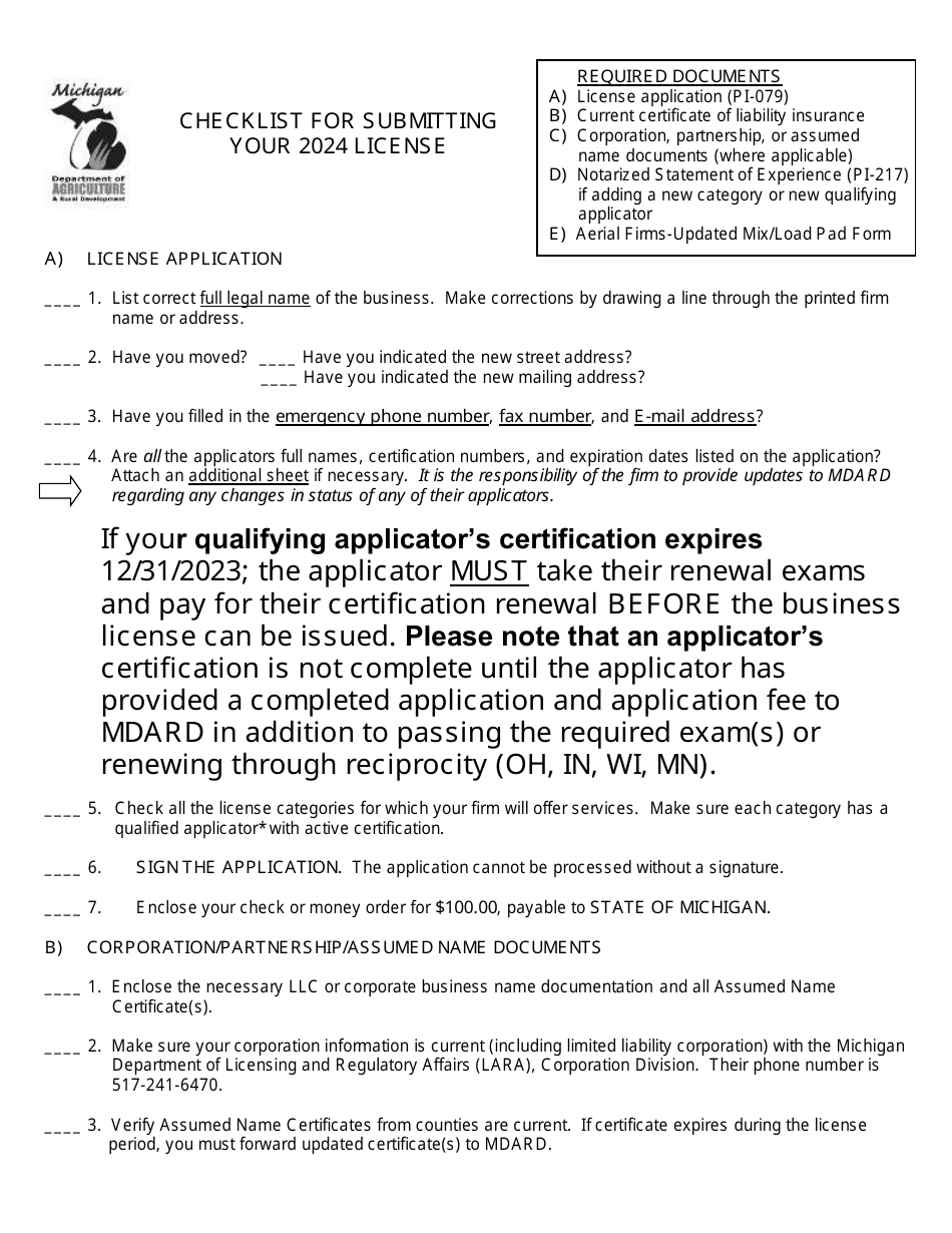 Pabl Renewal Checklist for a Blank Renewal - Michigan, Page 1