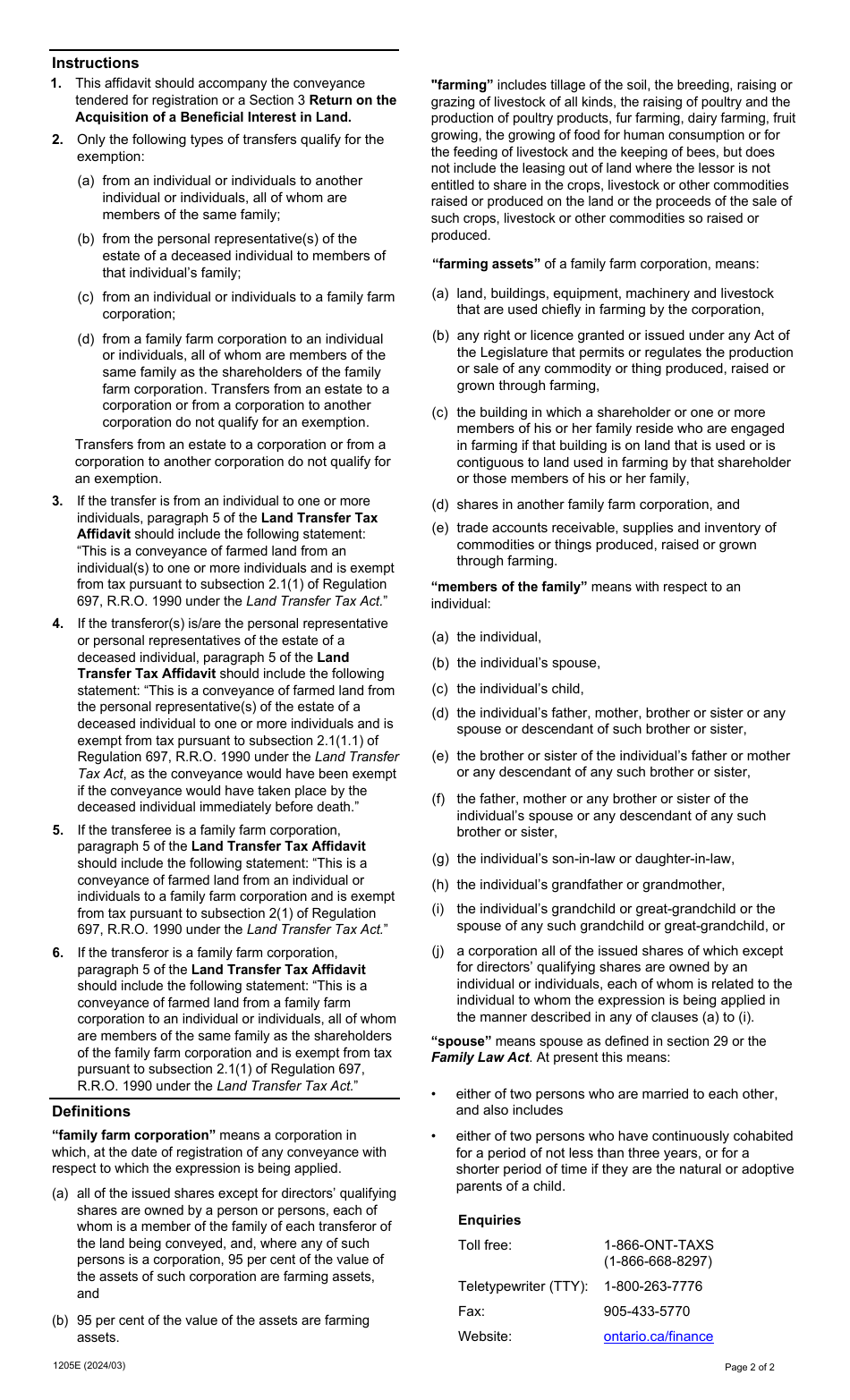 Form 1205E Affidavit, Regarding the Exemption for the Conveyance or Disposition of Farmed Land - Ontario, Canada, Page 2