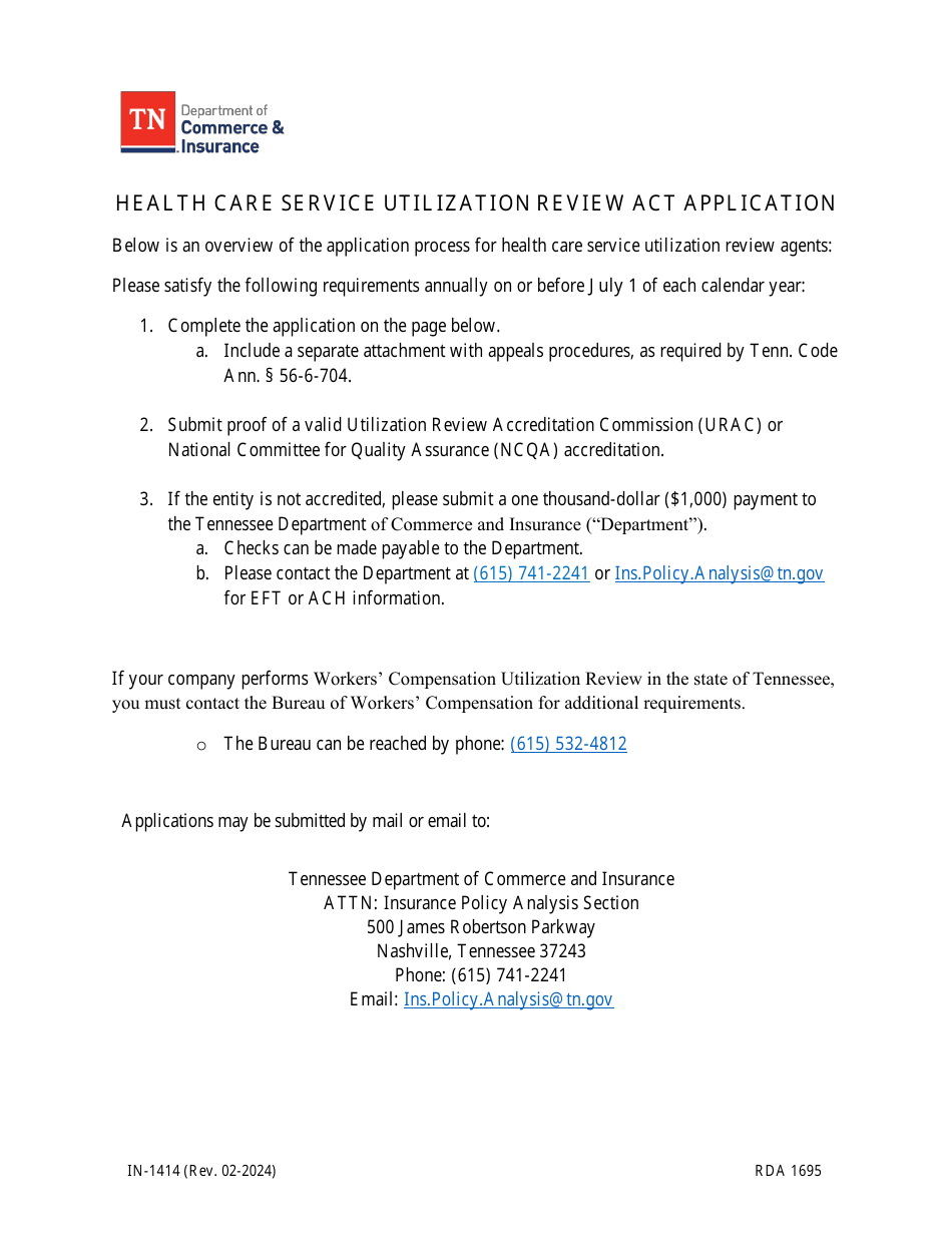 Form IN-1414 Health Care Service Utilization Review Act Application - Tennessee, Page 1