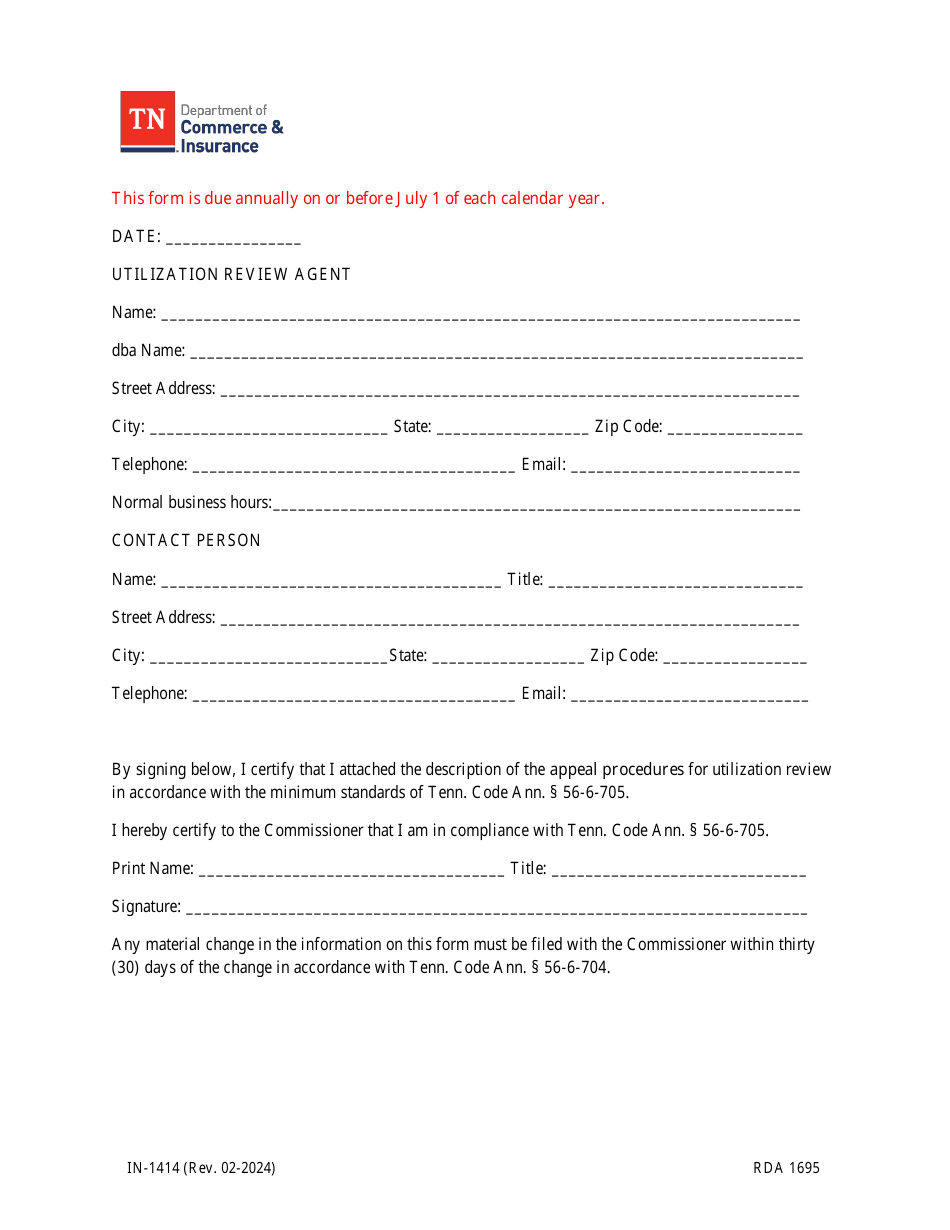 Form IN-1414 Health Care Service Utilization Review Act Application - Tennessee, Page 2