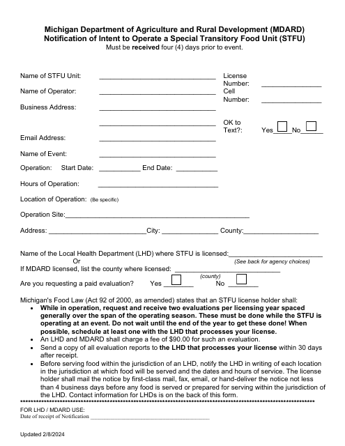 Notification of Intent to Operate a Special Transitory Food Unit (Stfu) - Michigan Download Pdf