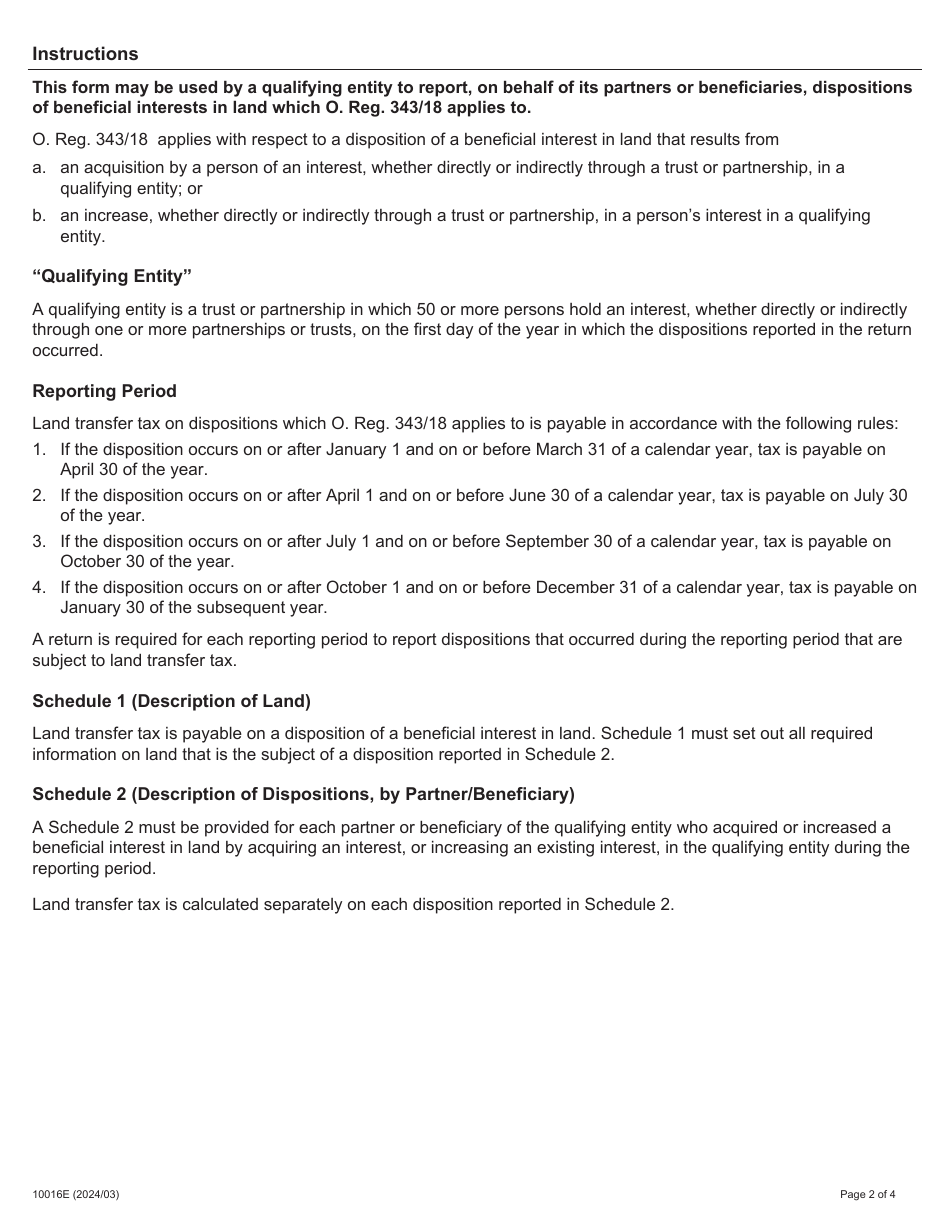 Form 10016E Return on Dispositions of a Beneficial Interest in Land by Partners or Beneficiaries Holding an Interest in a Qualifying Entity (Ontario Regulation 343 / 18) - Ontario, Canada, Page 2