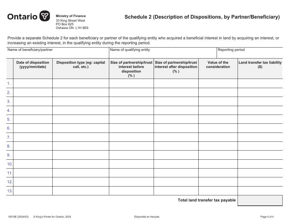 Form 10016E Return on Dispositions of a Beneficial Interest in Land by Partners or Beneficiaries Holding an Interest in a Qualifying Entity (Ontario Regulation 343 / 18) - Ontario, Canada, Page 4