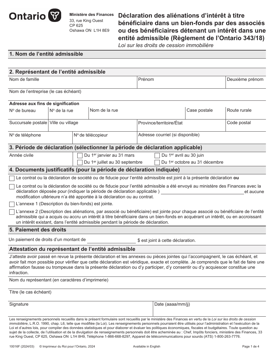 Forme 10016F Declaration DES Alienations Dinteret a Titre Beneficiaire Dans Un Bien-Fonds Par DES Associes Ou DES Beneficiaires Detenant Un Interet Dans Une Entite Admissible (Reglement De Lontario 343 / 18) - Ontario, Canada (French), Page 1