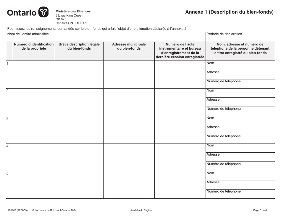 Forme 10016F Declaration DES Alienations Dinteret a Titre Beneficiaire Dans Un Bien-Fonds Par DES Associes Ou DES Beneficiaires Detenant Un Interet Dans Une Entite Admissible (Reglement De Lontario 343 / 18) - Ontario, Canada (French), Page 3