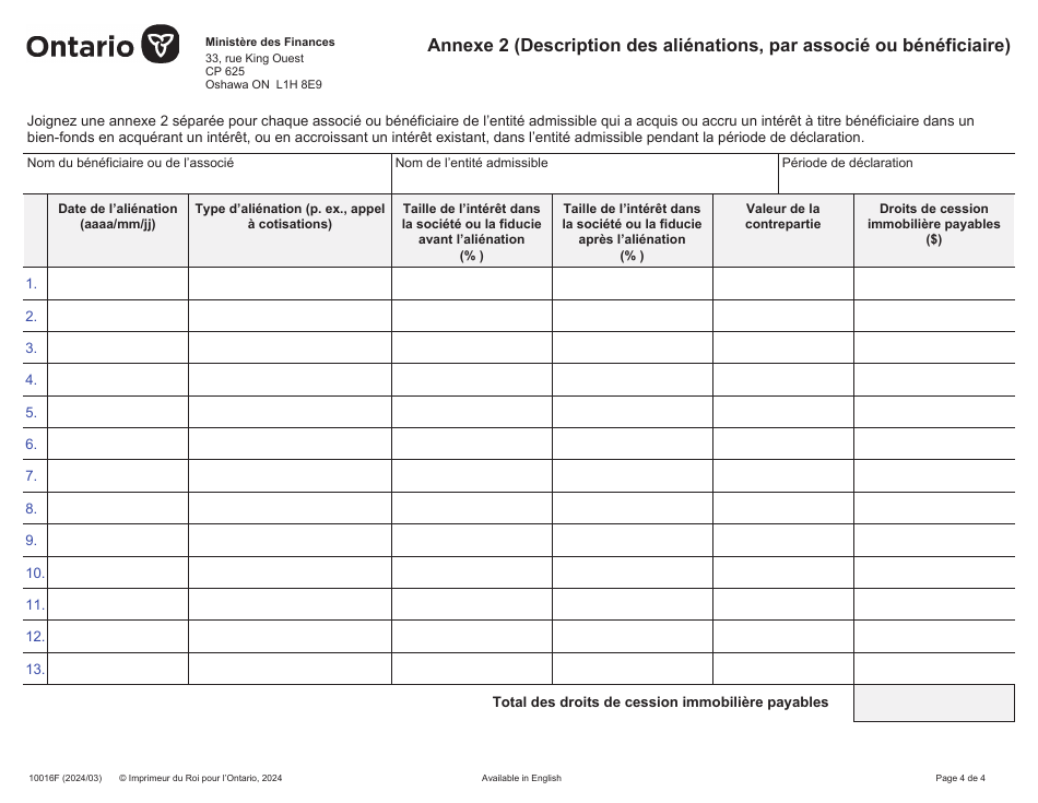 Forme 10016F Declaration DES Alienations Dinteret a Titre Beneficiaire Dans Un Bien-Fonds Par DES Associes Ou DES Beneficiaires Detenant Un Interet Dans Une Entite Admissible (Reglement De Lontario 343 / 18) - Ontario, Canada (French), Page 4