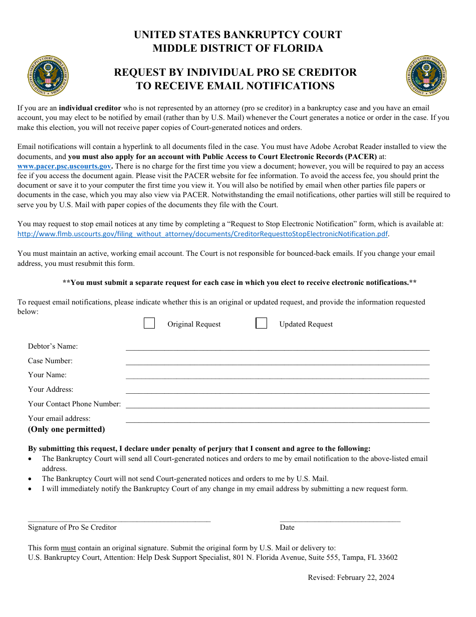 Request by Individual Pro Se Creditor to Receive Email Notifications - Florida, Page 1