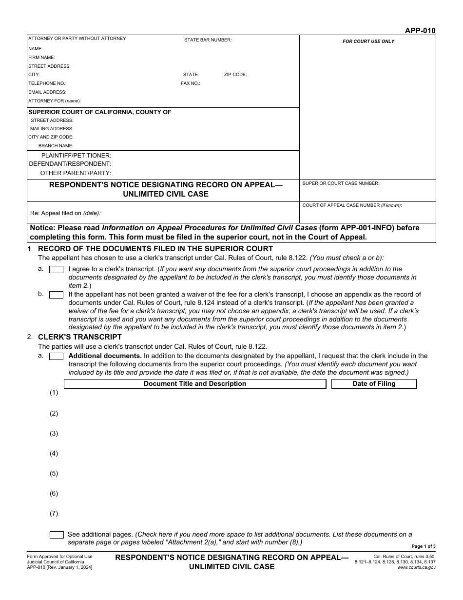 Form APP-010 Respondents Notice Designating Record on Appeal - Unlimited Civil Case - California, Page 1