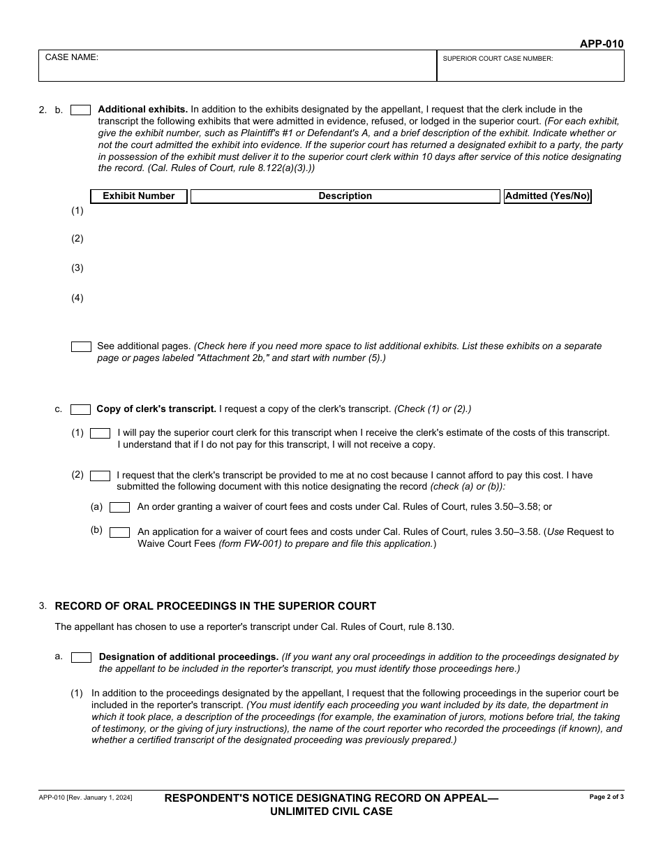 Form APP-010 Respondents Notice Designating Record on Appeal - Unlimited Civil Case - California, Page 2
