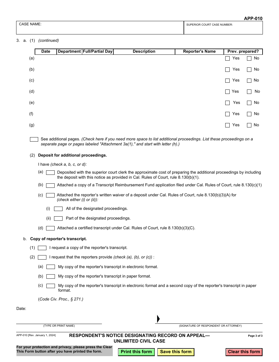 Form APP-010 Respondents Notice Designating Record on Appeal - Unlimited Civil Case - California, Page 3