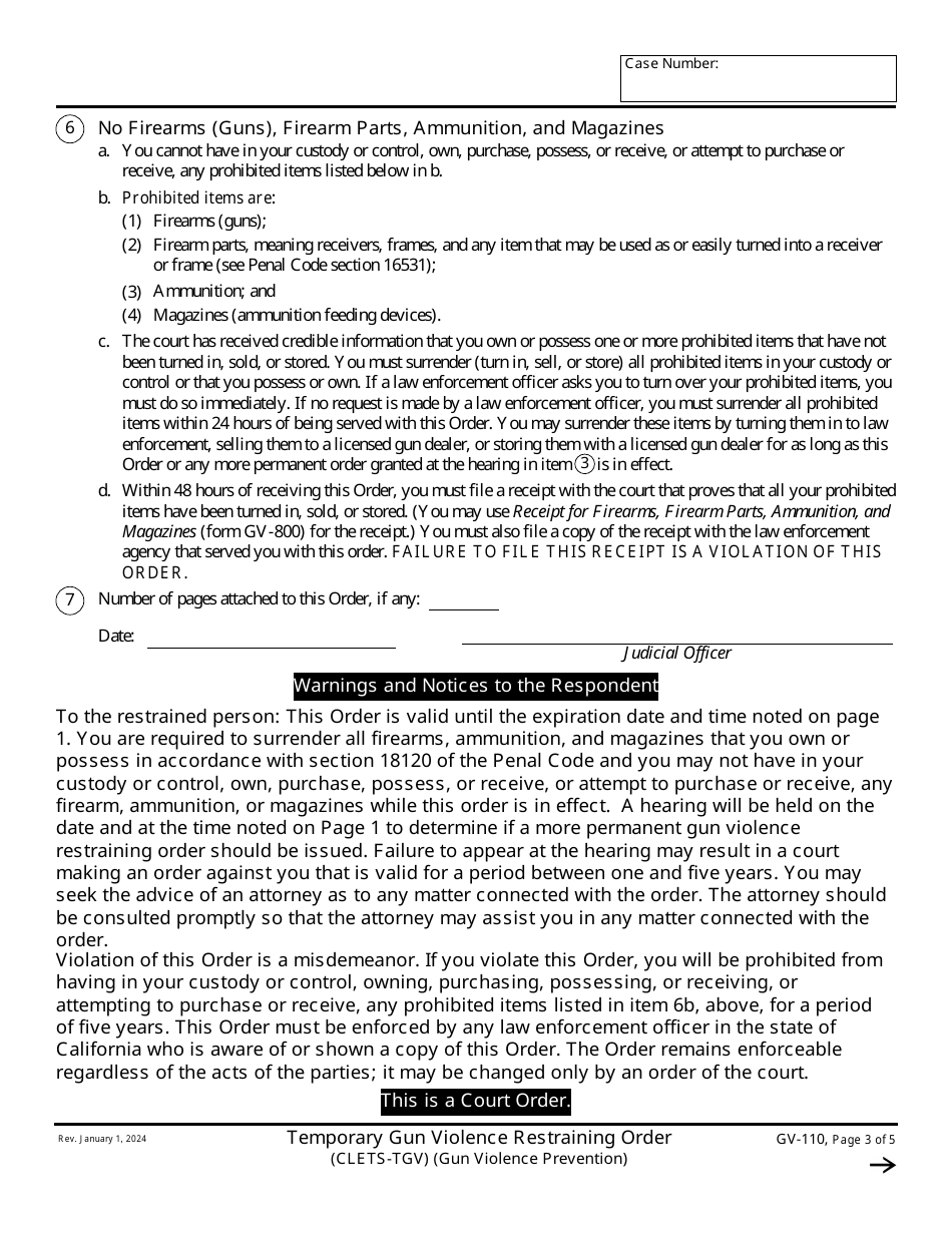 Form GV-110 Temporary Gun Violence Restraining Order - California, Page 3
